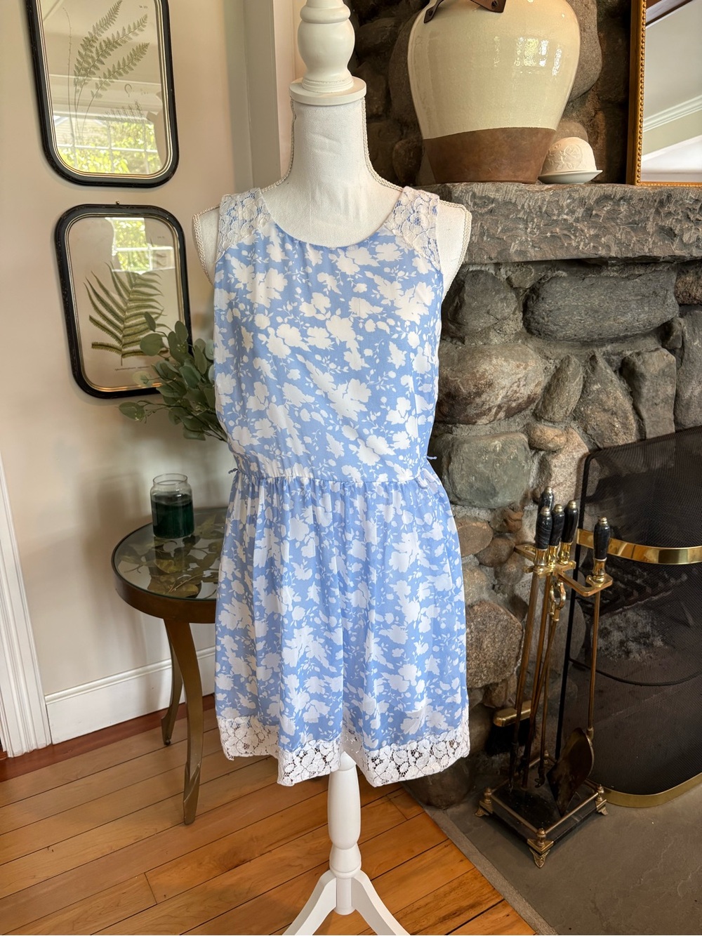 Disney Blue and White Floral Lace-Trim Sleeveless Mini Dress